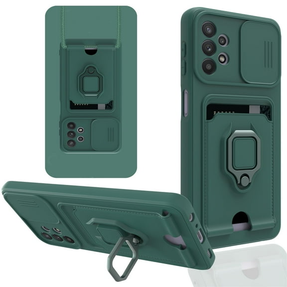 Heavy Duty Case for Samsung Galaxy A32 5G, Camera Lens Sliding Soft Silicone Shockproof Protective Cover with Card Holder Kickstand Rotated Ring Magnetic Car Mount Soft Lining Case, Darkgreen