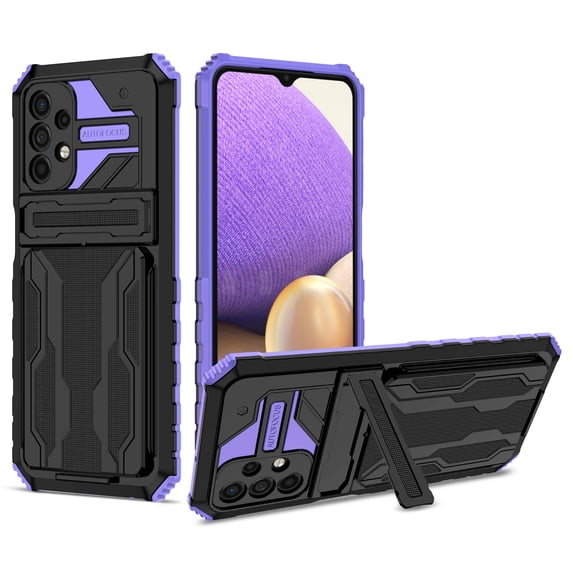 Heavy Duty Case for Samsung Galaxy A33 5G Rugged PC Armor Credit Card Slot Holder Kickstand Bracket Cover, Military Grade Dual-Layers Shockproof Anti-Scratches Lens Protection Case,Purple