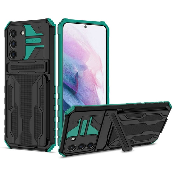 Heavy Duty Case for Samsung Galaxy A34 5G Credit Card Slot Holder Kickstand Bracket Cover, Military Grade Dual-Layers Rugged PC Shockproof Anti-Scratches Lens Protection Case, Darkgreen