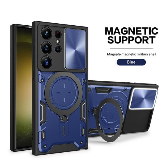 Heavy Duty Case for Samsung Galaxy A35, Camera Lens Sliding Cover with Hidden Bracket Magnetic Car Mount Holder, Rugged Military Grade Shockproof Lens Protection Case, Blue