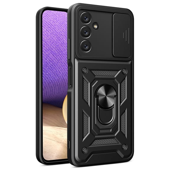 Heavy Duty Case for Samsung Galaxy A54 5G, Camera Lens Sliding Rugged PC + Soft TPU Hybrid Shockproof Anti-Slip Cover with Magnetic Car Mount Ring Holder Kickstand Case, Black
