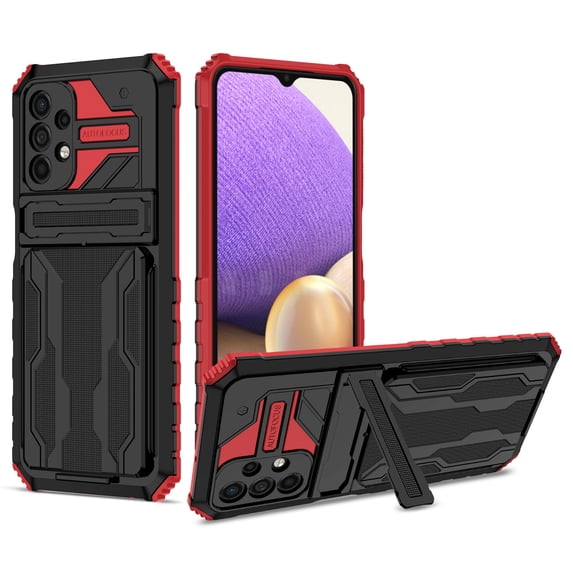 Heavy Duty Case for Samsung Galaxy A54 5G Credit Card Slot Holder Kickstand Bracket Cover, Military Grade Dual-Layers Rugged PC Shockproof Anti-Scratches Lens Protection Case, Red