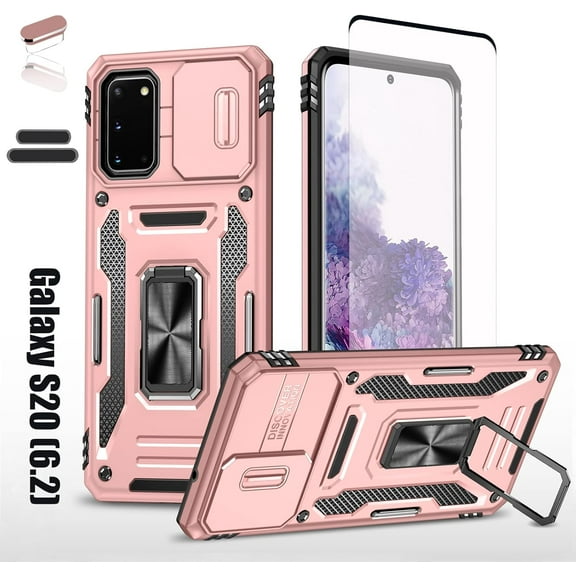 Heavy Duty Case for Samsung Galaxy S20, Military Grade Dual Layer Hybrid Cushioning Rubber Bumper Protector with Slide Camera Protector, Built-in 360 Degree Swivel Stand -Rose Gold