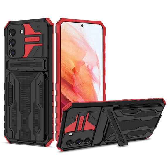 Heavy Duty Case for Samsung Galaxy S21 FE Credit Card Slot Holder Kickstand Bracket Cover, Military Grade Dual-Layers Rugged PC Shockproof Anti-Scratches Lens Protection Case, Red