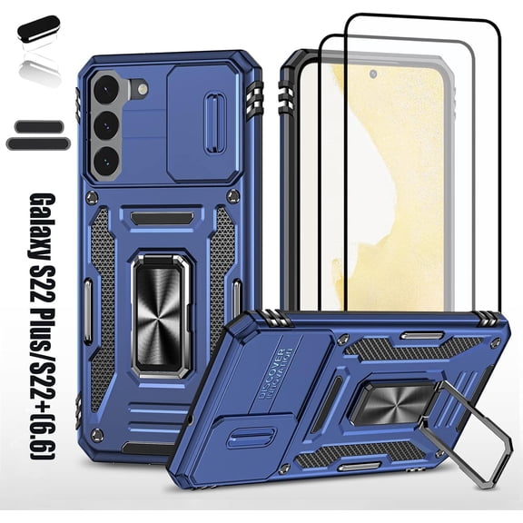 Heavy Duty Case for Samsung Galaxy S22 Plus/S22+, Military Grade Dual Layer Hybrid Cushioning Rubber Bumper Protector with Slide Camera Protector, Built-in 360 Degree Swivel Stand -Blue