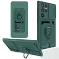 thumbnail image 1 of Heavy Duty Case for Samsung Galaxy S22 Ultra, Camera Lens Sliding Soft Silicone Shockproof Protective Cover with Card Holder Kickstand Rotated Ring Magnetic Car Mount Soft Lining Case, Darkgreen, 1 of 5