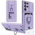 thumbnail image 1 of Heavy Duty Case for Samsung Galaxy S22 Ultra, Camera Lens Sliding Soft Silicone Shockproof Protective Cover with Card Holder Kickstand Rotated Ring Magnetic Car Mount Soft Lining Case, Purple, 1 of 5