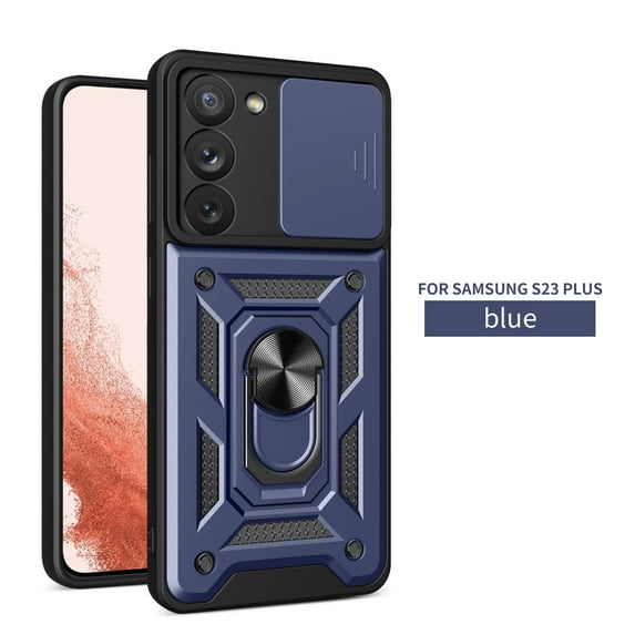 Heavy Duty Case for Samsung Galaxy S23, Camera Lens Sliding Armor Rugged PC + Soft TPU Hybrid Shockproof Anti-Slip Cover with Magnetic Car Mount Ring Holder Kickstand Case,Blue