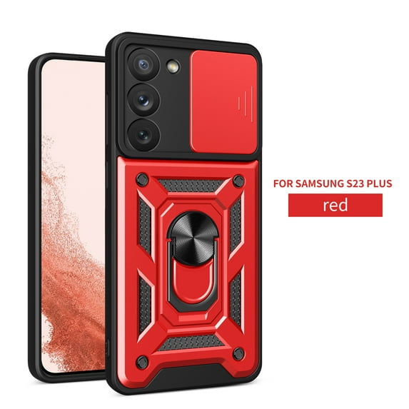 Heavy Duty Case for Samsung Galaxy S23, Camera Lens Sliding Armor Rugged PC + Soft TPU Hybrid Shockproof Anti-Slip Cover with Magnetic Car Mount Ring Holder Kickstand Case,Red