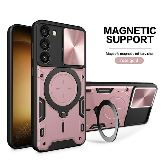 Heavy Duty Case for Samsung Galaxy S23, Camera Lens Sliding Cover with Hidden Bracket Magnetic Car Mount Holder, Rugged PC+TPU Hybrid Shockproof Lens Protection Case for Samsung Galaxy S23,Pink