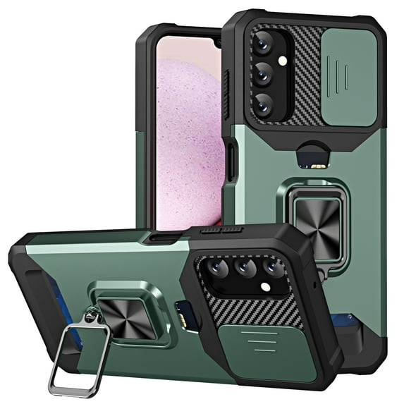 Heavy Duty Case for Samsung Galaxy S23 FE with Camera Lens Sliding Cover Card Holder, Rugged Protection Shockproof Phone Cover with Rotate Ring Holder Stand Magnetic Car Mount, Darkgreen