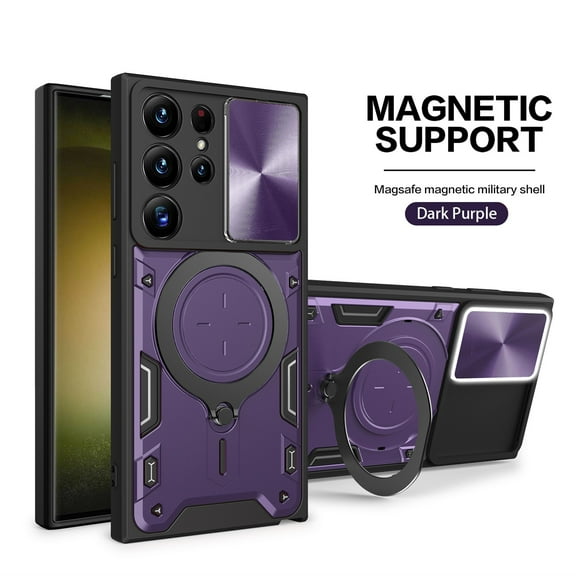 Heavy Duty Case for Samsung Galaxy S23 FE, Camera Lens Sliding Cover with Hidden Bracket Magnetic Car Mount Holder, Rugged Military Grade Shockproof Lens Protection Case, Purple