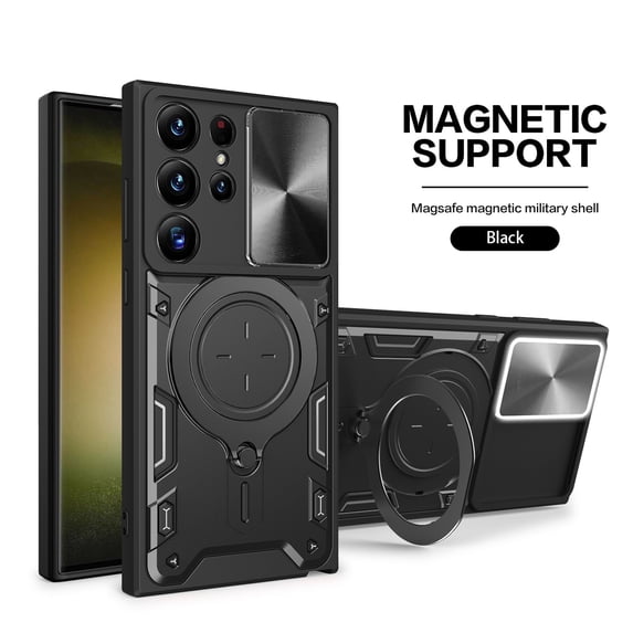 Heavy Duty Case for Samsung Galaxy S23 Plus, Camera Lens Sliding Cover with Hidden Bracket Magnetic Car Mount Holder, Rugged PC+TPU Hybrid Shockproof Lens Protection Case,Black