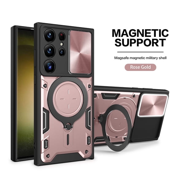 Heavy Duty Case for Samsung Galaxy S23 Plus, Camera Lens Sliding Cover with Hidden Bracket Magnetic Car Mount Holder, Rugged PC+TPU Hybrid Shockproof Lens Protection Case,Pink