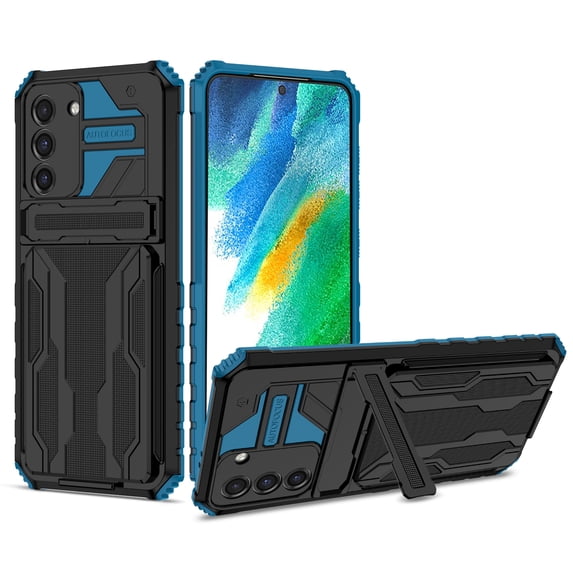 Heavy Duty Case for Samsung Galaxy S23 Plus Rugged PC Armor Credit Card Slot Holder Kickstand Bracket Cover, Military Grade Dual-Layers Shockproof Anti-Scratches Lens Protection Case,Blue