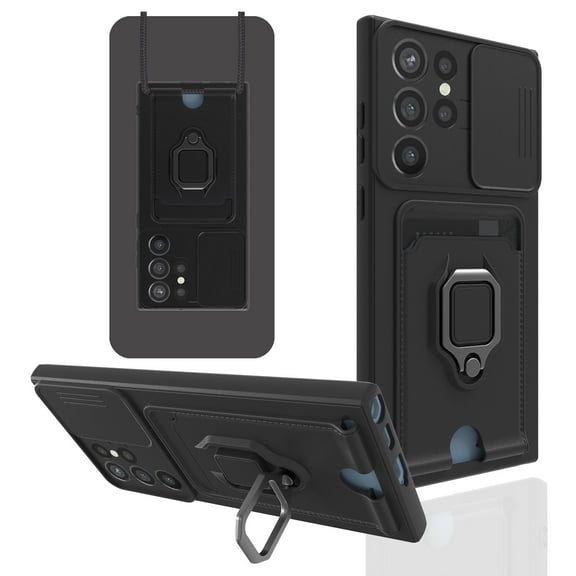 Heavy Duty Case for Samsung Galaxy S23 Ultra, Camera Lens Sliding Soft Silicone Shockproof Protective Cover with Card Holder Kickstand Rotated Ring Magnetic Car Mount Soft Lining Case,Black
