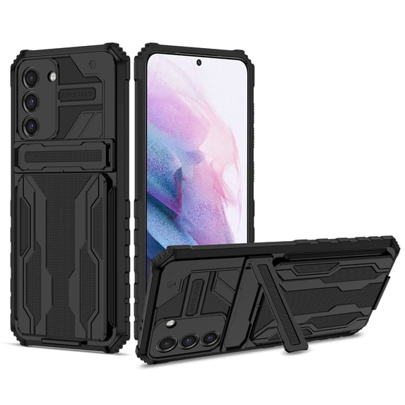 Heavy Duty Case for Samsung Galaxy S24 FE Credit Card Holder Cover with Kickstand, Military Grade Dual-Layers Rugged Shockproof Lens Protection Case for Samsung Galaxy S24 FE, Black