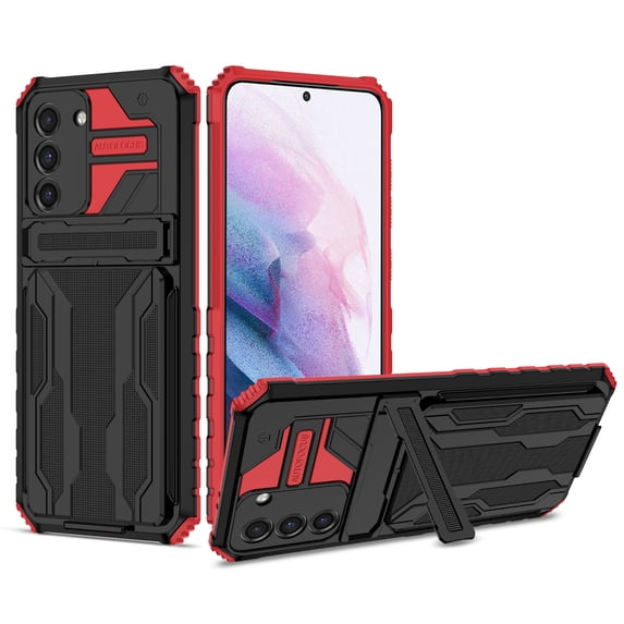 Heavy Duty Case for Samsung Galaxy S24 FE Credit Card Holder Cover with Kickstand, Military Grade Dual-Layers Rugged Shockproof Lens Protection Case for Samsung Galaxy S24 FE, Red