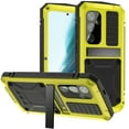 thumbnail image 1 of Heavy Duty Case for Samsung Galaxy S24 with Hidden Kickstand & Tempered Glass Screen Protector, Hybrid Rugged PC Soft Silicone Metal Frame Hang Rope Shockproof Protective Case, Yellow, 1 of 8