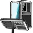 thumbnail image 1 of Heavy Duty Case for Samsung Galaxy S24 Plus with Hidden Kickstand & Tempered Glass Screen Protector, Hybrid Rugged PC Soft Silicone Metal Frame Hang Rope Shockproof Protective Case, Silver, 1 of 8