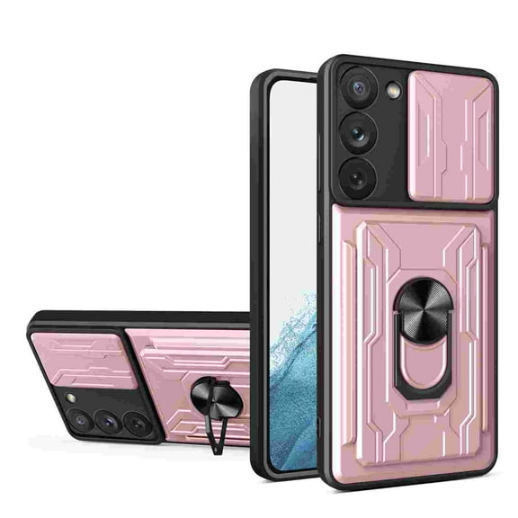 Heavy Duty Case for Samsung Galaxy S25 Plus with Back Card Holder & Ring Stand & Camera Lens Sliding Cover, Rugged Hybrid Multi-Layers Shockproof Case Support Magnetic Car Mount, Rosegold