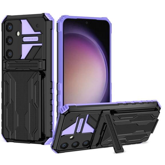Heavy Duty Case for Samsung Galaxy S25 Plus Credit Card Holder Cover with Kickstand, Military Grade Dual-Layers Rugged Shockproof Lens Protection Case for Samsung Galaxy S25 Plus, Purple