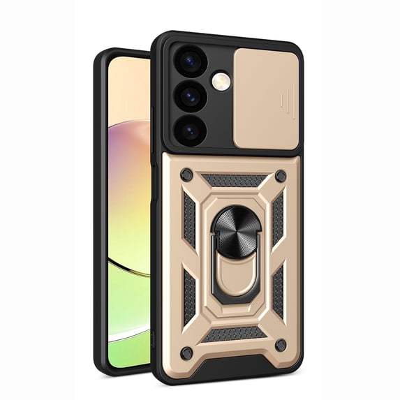 Heavy Duty Case for Samsung Galaxy S25 Plus with Ring Holder Kickstand & Camera Lens Sliding Cover, Hybrid Shockproof Case Support Magnetic Car Mount for Samsung Galaxy S25 Plus, Gold