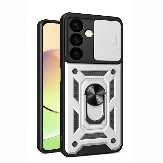 Heavy Duty Case for Samsung Galaxy S25 with Ring Holder Kickstand & Camera Lens Sliding Cover, Hybrid Shockproof Case Support Magnetic Car Mount for Samsung Galaxy S25, Silver
