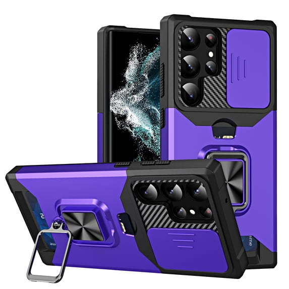 Heavy Duty Case for Samsung Galaxy S25 Ultra with Camera Lens Sliding Cover Card Holder, Rugged Protection Shockproof Phone Cover with Rotate Ring Holder Stand Magnetic Car Mount, Purple
