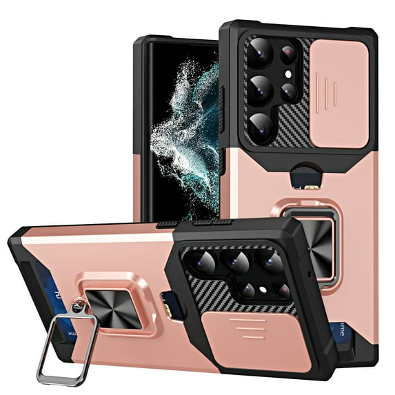 Heavy Duty Case for Samsung Galaxy S25 Ultra with Camera Lens Sliding Cover Card Holder, Rugged Protection Shockproof Phone Cover with Rotate Ring Holder Stand Magnetic Car Mount, Rosegold
