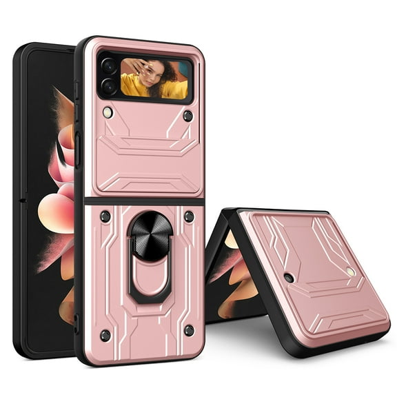 Heavy Duty Case for Samsung Galaxy Z Flip 6 with Back Card Holder & Ring Stand & Camera Lens Sliding Cover, Rugged Hybrid Multi-Layers Shockproof Protective Case Support Magnetic Car Mount, Rosegold