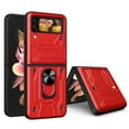 thumbnail image 1 of Heavy Duty Case for Samsung Galaxy Z Flip 6 with Back Card Holder & Ring Stand & Camera Lens Sliding Cover, Rugged Hybrid Multi-Layers Shockproof Protective Case Support Magnetic Car Mount, Red, 1 of 9