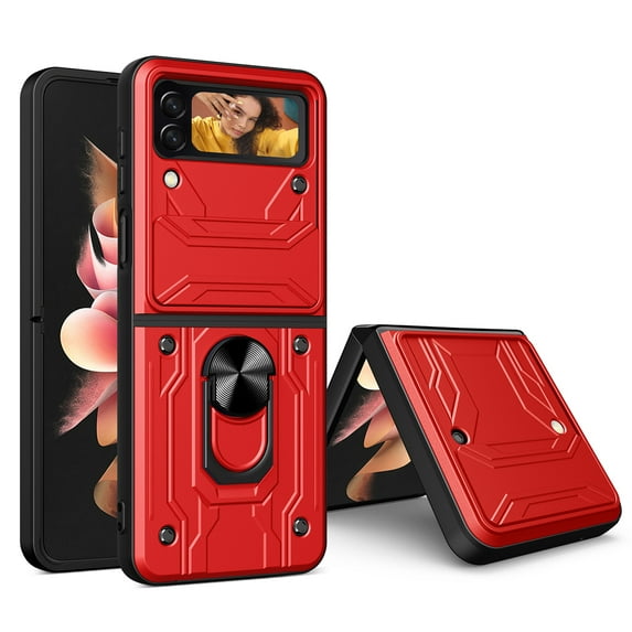 Heavy Duty Case for Samsung Galaxy Z Flip 6 with Back Card Holder & Ring Stand & Camera Lens Sliding Cover, Rugged Hybrid Multi-Layers Shockproof Protective Case Support Magnetic Car Mount, Red