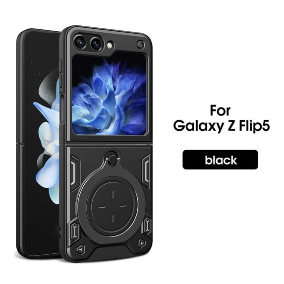 Heavy Duty Case for Samsung Galaxy Z Flip5, Hidden Bracket Magnetic Car Mount Holder, Rugged PC+TPU Hybrid Military Grade Shockproof Lens Protection Case, Black
