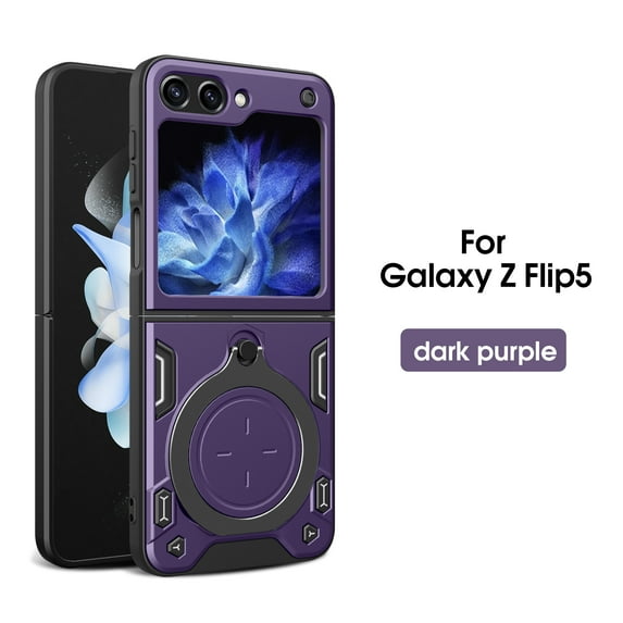 Heavy Duty Case for Samsung Galaxy Z Flip5, Hidden Bracket Magnetic Car Mount Holder, Rugged PC+TPU Hybrid Military Grade Shockproof Lens Protection Case, Purple