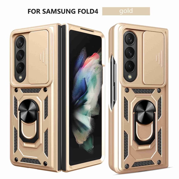 Heavy Duty Case for Samsung Galaxy Z Fold4, Camera Lens Sliding Rugged PC + Soft TPU Hybrid Shockproof Anti-Slip Cover with Magnetic Car Mount Ring Holder Kickstand Case,Gold