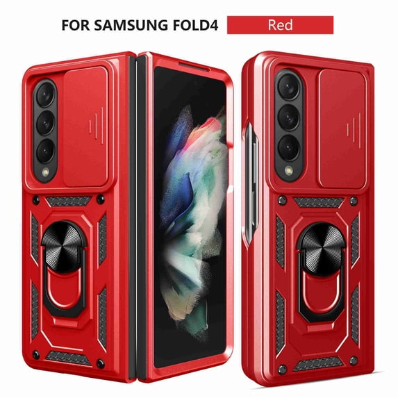 Heavy Duty Case for Samsung Galaxy Z Fold4, Camera Lens Sliding Rugged PC + Soft TPU Hybrid Shockproof Anti-Slip Cover with Magnetic Car Mount Ring Holder Kickstand Case,Red