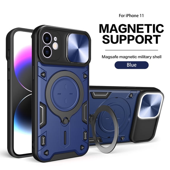 Heavy Duty Case for iPhone 11, Camera Lens Sliding Cover with Hidden Bracket Magnetic Car Mount Holder, Rugged PC+TPU Hybrid Shockproof Lens Protection Case for iPhone 11,Blue