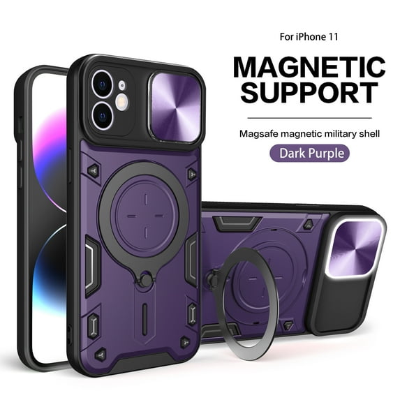 Heavy Duty Case for iPhone 11, Camera Lens Sliding Cover with Hidden Bracket Magnetic Car Mount Holder, Rugged PC+TPU Hybrid Shockproof Lens Protection Case for iPhone 11,Purple