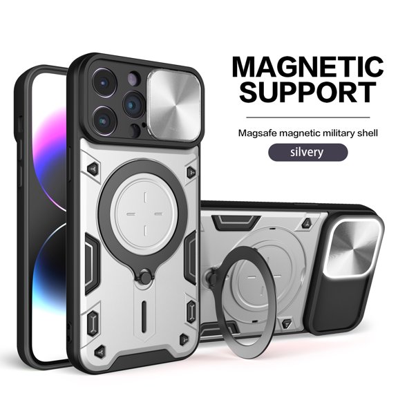 Heavy Duty Case for iPhone 11 Pro Max, Camera Lens Sliding Cover with Hidden Bracket Magnetic Car Mount Holder, Rugged PC+TPU Hybrid Shockproof Lens Protection Case for iPhone 11 Pro Max,Silver