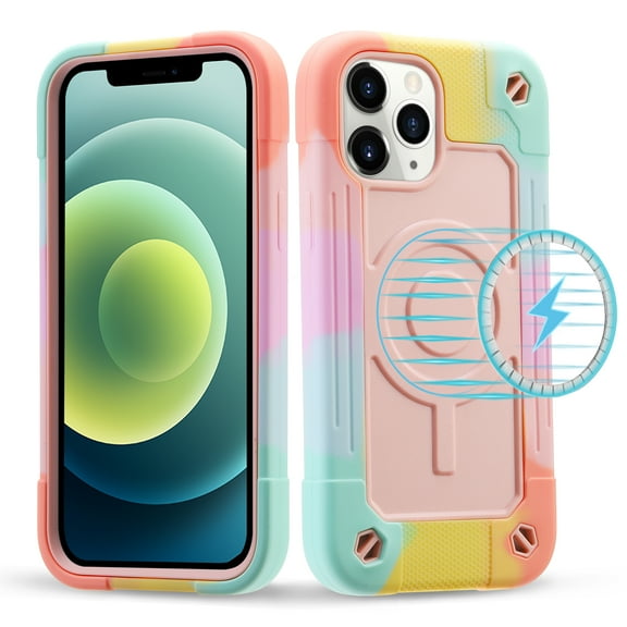 Heavy Duty Case for iPhone 12/iPhone 12 Pro, Rugged PC Soft TPU Shockproof Magnetic Triple-Layers Protective Cover Compatible with MagSafe Wireless Charging Military Grade Lens Protection Case,Rainbow