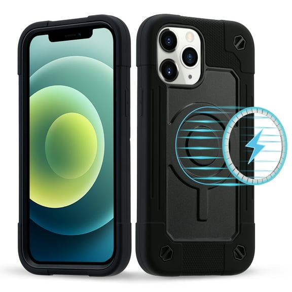 Heavy Duty Case for iPhone 12/iPhone 12 Pro, Rugged PC Soft TPU Shockproof Magnetic Triple-Layers Protective Cover Compatible with MagSafe Wireless Charging Military Grade Lens Protection Case,Black