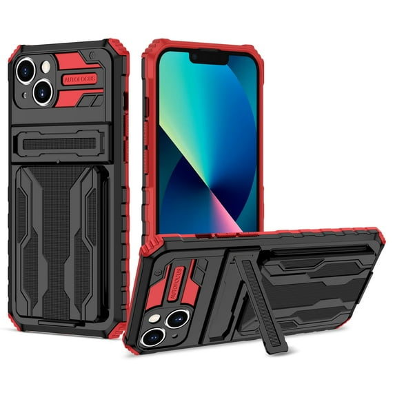 Heavy Duty Case for iPhone 14 Plus Rugged PC Armor Credit Card Slot Holder Kickstand Bracket Cover, Military Grade Dual-Layers Shockproof Anti-Scratches Lens Protection Case, Red