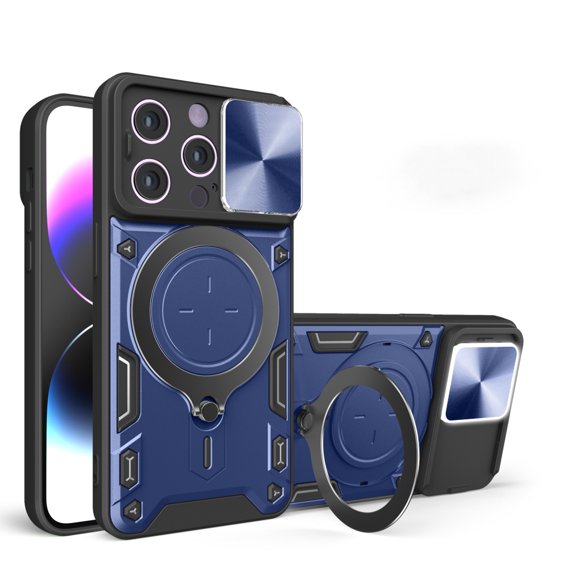 Heavy Duty Case For iPhone 14 Pro 6.1 inch, Camera Lens Sliding Cover With Hidden Bracket Magnetic Car Mount Holder, Rugged PC+TPU Hybrid Military Grade Shockproof Lens Protection Case,Blue