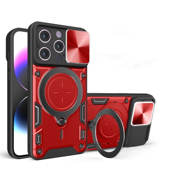 Heavy Duty Case For iPhone 14 Pro 6.1 inch, Camera Lens Sliding Cover With Hidden Bracket Magnetic Car Mount Holder, Rugged PC+TPU Hybrid Military Grade Shockproof Lens Protection Case,Red
