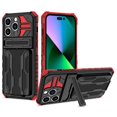 thumbnail image 1 of Heavy Duty Case for iPhone 14 Pro Rugged PC Armor Credit Card Slot Holder Kickstand Bracket Cover, Military Grade Dual-Layers Shockproof Anti-Scratches Lens Protection Case, Red, 1 of 9