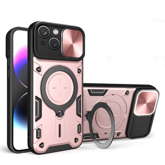 Heavy Duty Case For iPhone 15 6.1 inch, Camera Lens Sliding Cover With Hidden Bracket Magnetic Car Mount Holder, Rugged PC+TPU Hybrid Military Grade Shockproof Lens Protection Case,Pink,For iPhone 15