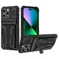 thumbnail image 1 of Heavy Duty Case for iPhone 15 Plus Credit Card Slot Holder Kickstand Bracket Cover, Military Grade Dual-Layers Rugged PC Shockproof Anti-Scratches Lens Protection Case, Black, 1 of 9