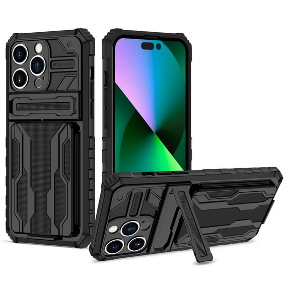 Heavy Duty Case for iPhone 15 Plus Credit Card Slot Holder Kickstand Bracket Cover, Military Grade Dual-Layers Rugged PC Shockproof Anti-Scratches Lens Protection Case, Black