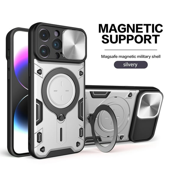 Heavy Duty Case for iPhone 15 Pro, Camera Lens Sliding Cover with Hidden Bracket Magnetic Car Mount Holder, Rugged PC+TPU Hybrid Military Grade Shockproof Lens Protection Case, Silver